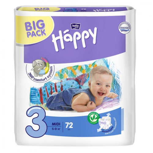 bella baby Happy Midi по 72 шт./уп вес 4-9 кг, подгузники для детей